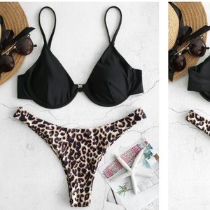 ZAFUL Leopard Underwire Bikini Swimsuit - Black L
